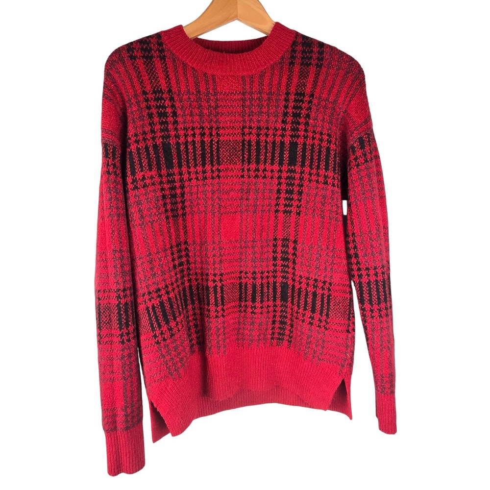 Christian Siriano New York Red Black Plaid Soft Crewneck Sweater Small RN 75343